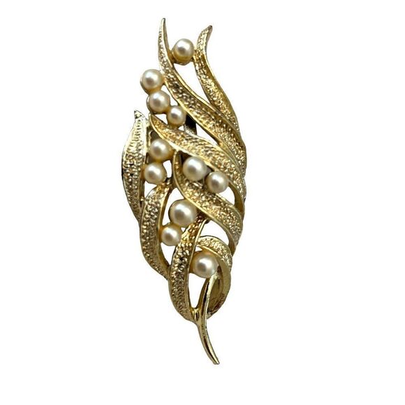 Gold Tone Pearl Crystal Brooches Leaf Bar Pin Pink Flower Open Work Lot of 3 - Picture 2 of 5